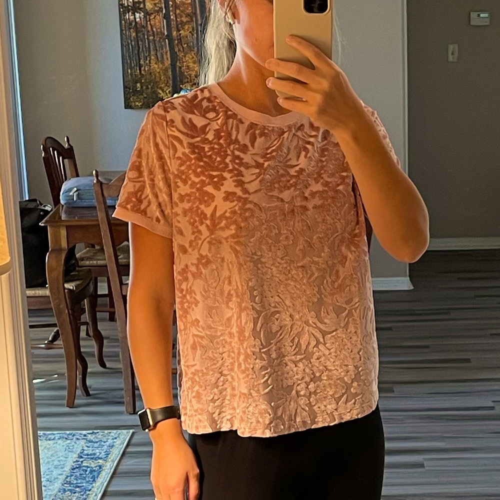 Soft, light pink textured velvet short sleeve shirt